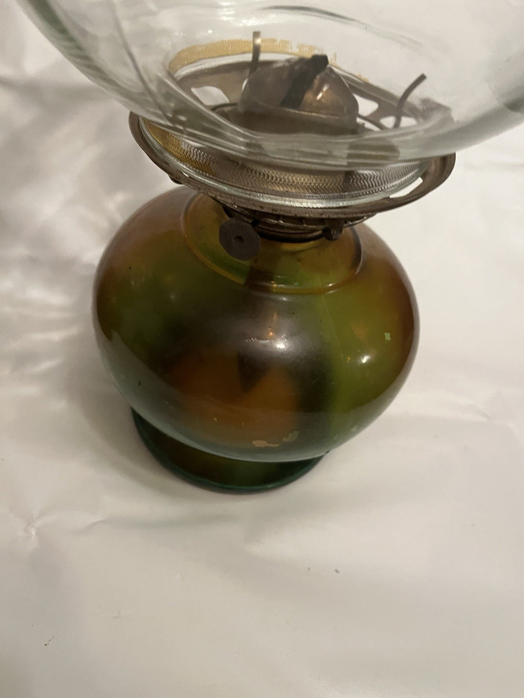 Vintage Amber-Green Glass Hurricane Kerosene Lamp  With Original Glass Globe
