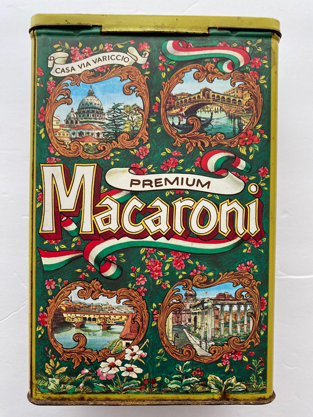 Vintage Casa Via Variccio Premium Macaroni Metal Tin Container Made In England