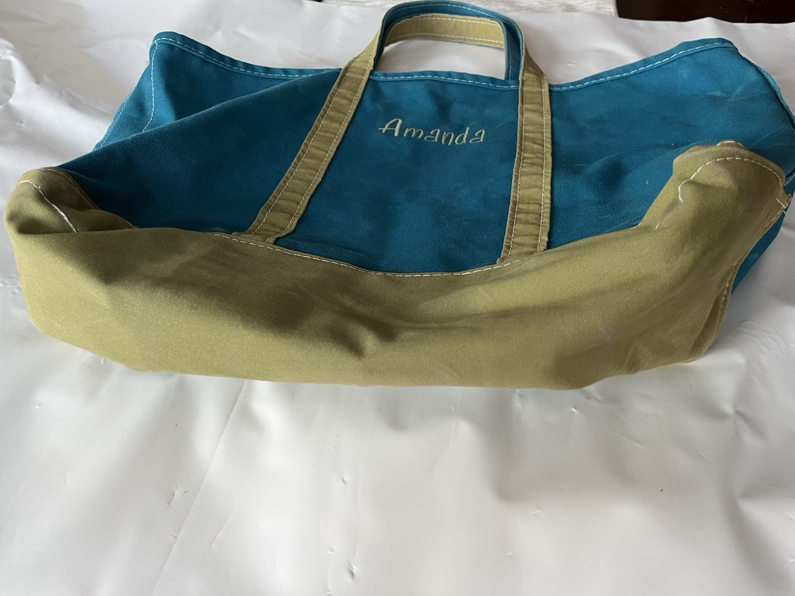 Vintage LL Bean Extra Large Host Tote In Teal And Lime “Amanda” Monogrammed 