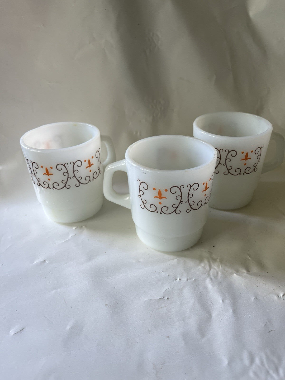 Vintage (3) Termocrisa Mexican Milk Glass Coffee Mug, D Handle, Filigree Design