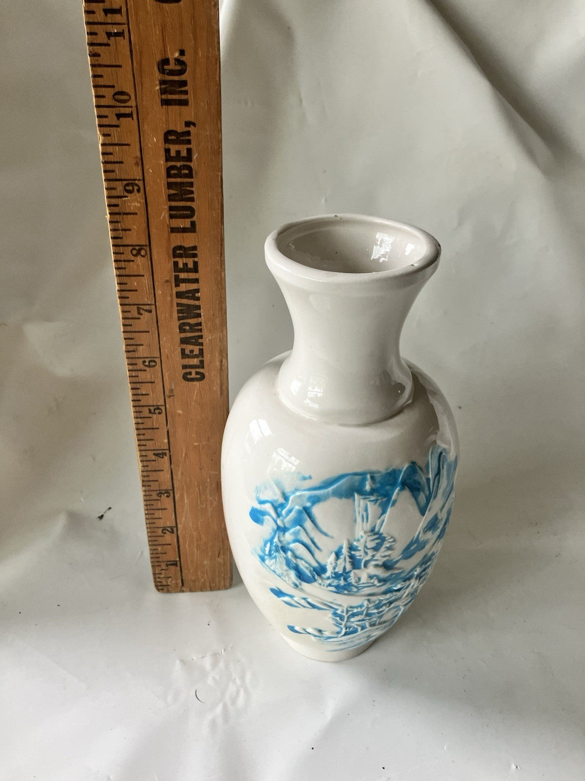 Vintage FTD 8” Tall Ceramic White Vase W/ Blue Washed Japanese Mountain Embossed