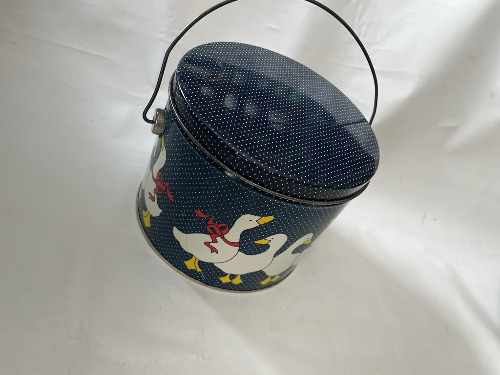 1990s Goose  Blue And White Polka Dot Tin With Lid And Handle