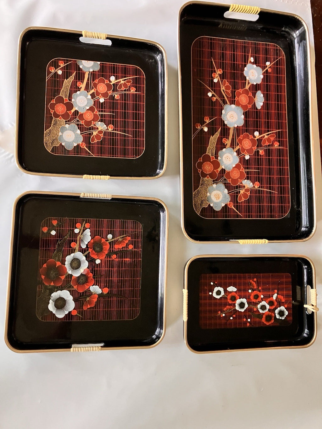 Vtg Toyo Japanese Lacquerware Enamel Serving Trays (4)- Floral/Plaid 2 Patterns