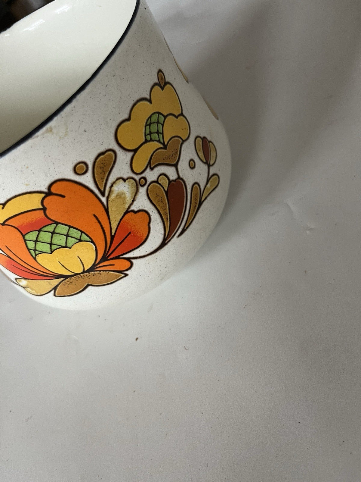 Vintage Country Flowers Sauce Pan Pot 1 Qt Sanko Ware Porcelain Enamel Japan
