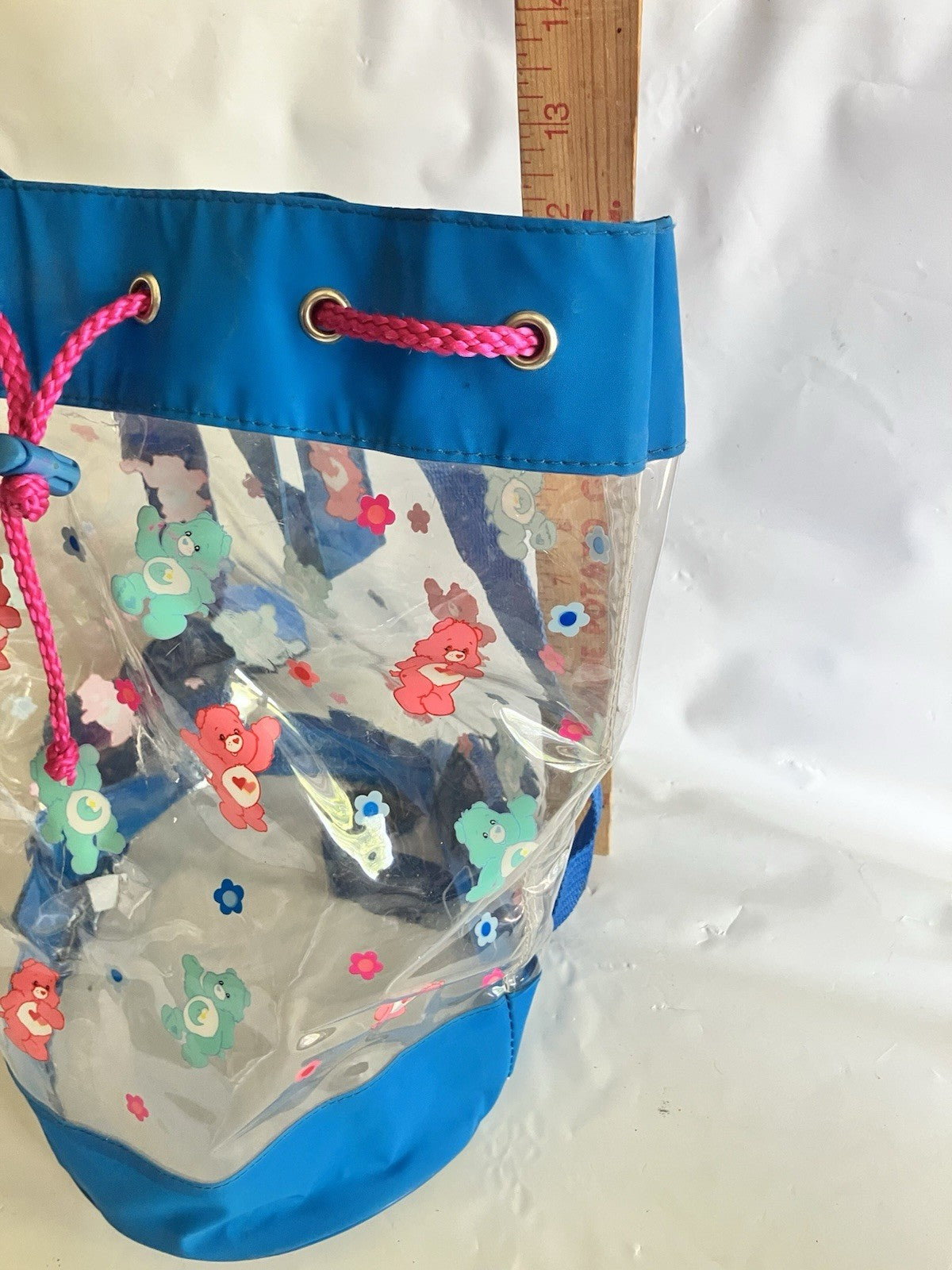 Y2K Clear Bucket Backpack, Pull Cord Care Bear  Backpack, Rare! EUC 2004 Edition