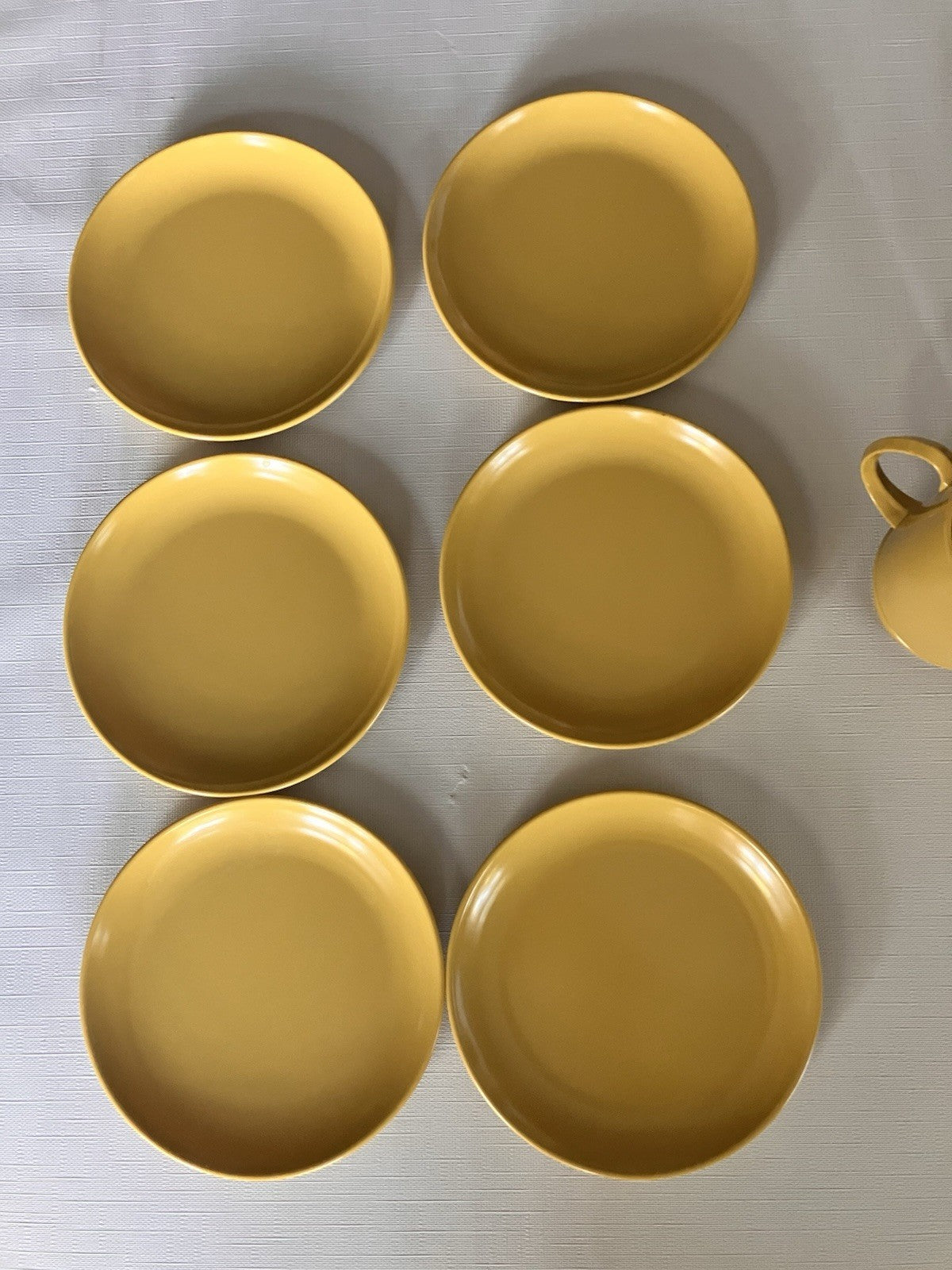 Vintage Mustard Colored Melamine Footed Tall Mugs & Dessert Plates, EVC Set Of 6